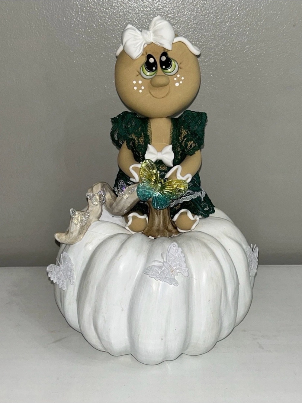 Handmade Fake Gingerbread in Green Dress on White Resin Pumpkin
